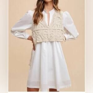 NWT AnnieWear White Long Sleeve Dress with Crochet Vest Overlay Size Large X0474